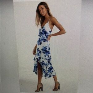 Island Time Blue and White Floral Print Ruffled Midi Dress by LULU's